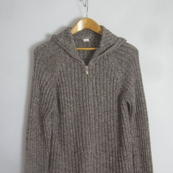 J Crew Womens XL Brown White Marled Cotton 2 Way Zip LS Hooded Cardigan Sweater - Picture 5 of 9
